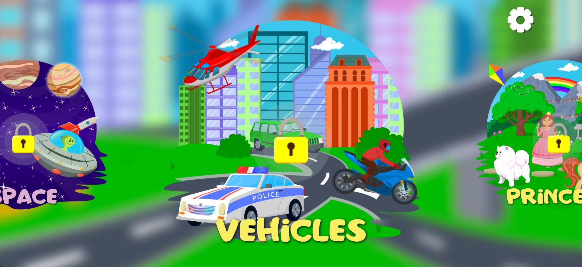 Nairi Puzzle vehicles theme selection screen